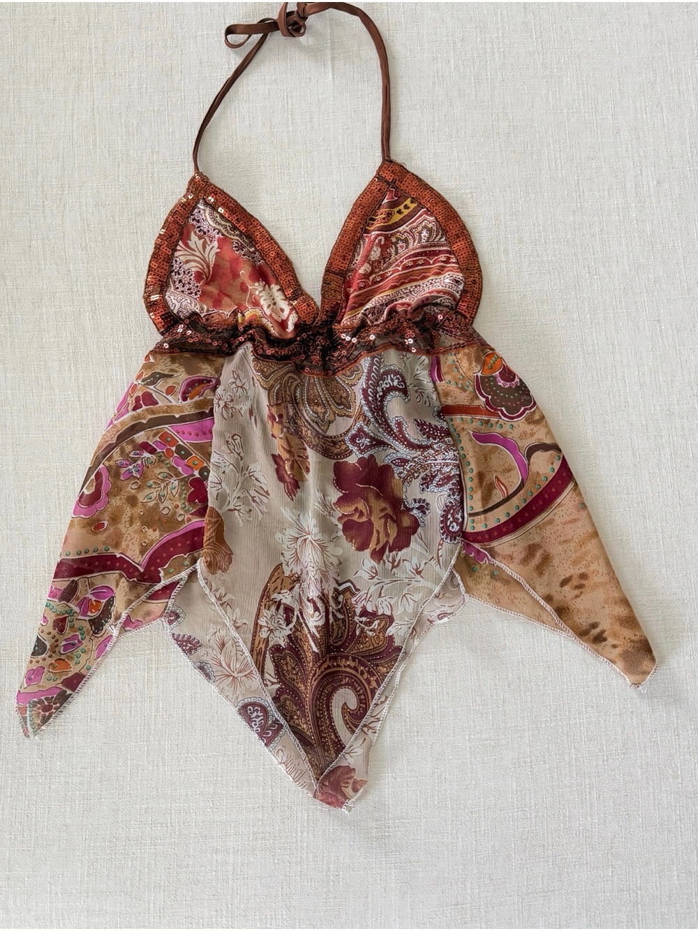 Y2K Milenium Brown Paisley Sequin
Handkerchief Top - Picture 3 of 4
